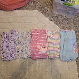 Lot of 5 Toddler Girl 5T One Piece Pajamas Fleece Cottom Rainbow Llama Pink Purp